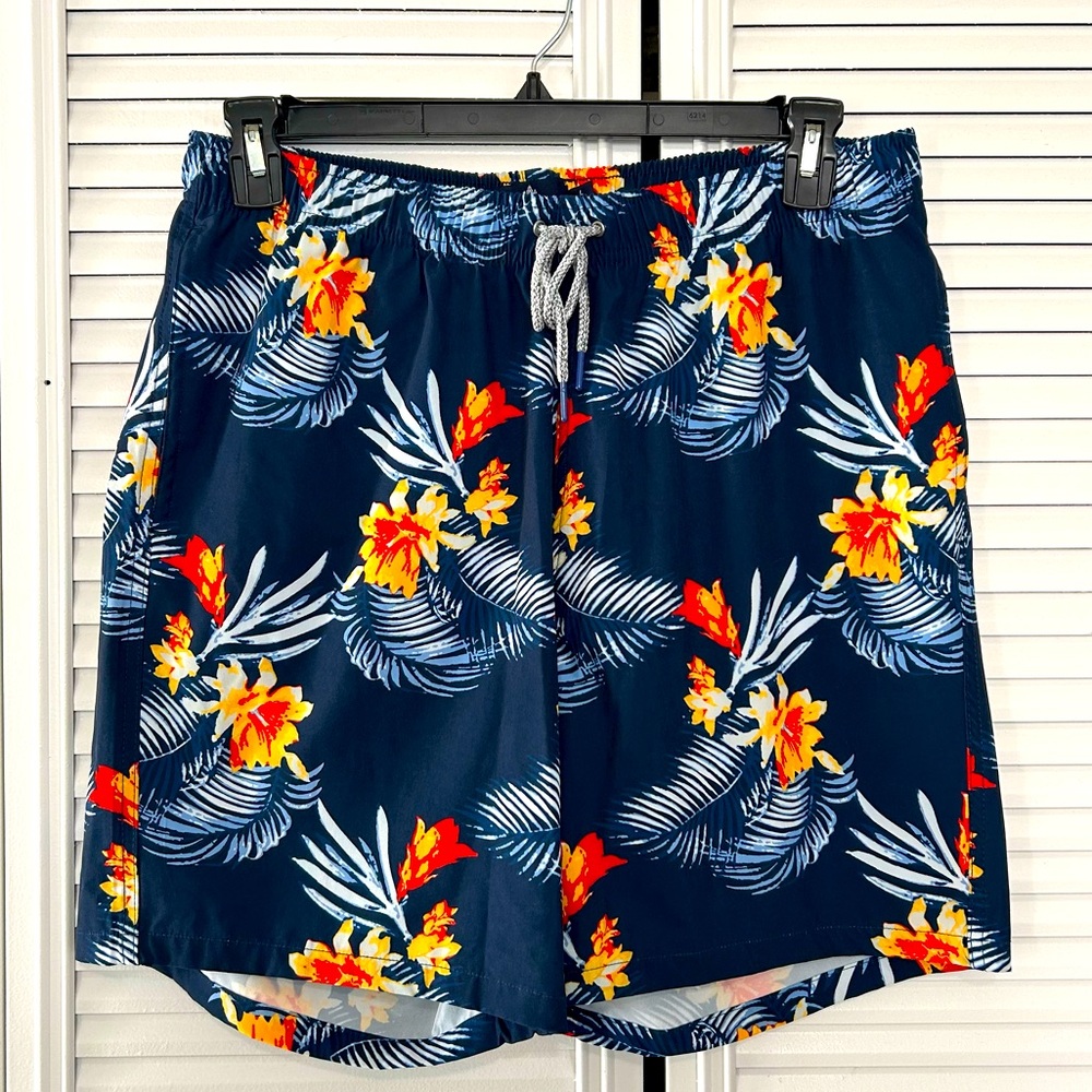 Mens Swim Trunks Size L Blue Yellow Flowers Velcro Pocket /Mesh Liner/Drawstring